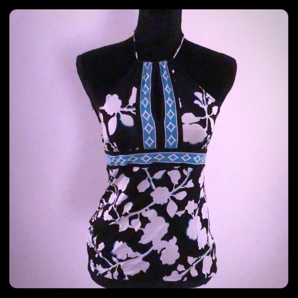 BCBG Sz S - black, white & teal floral halter top